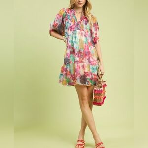 Umgee Watercolor Floral Babydoll Colorful Floral Chiffon A-Line Dress S M L